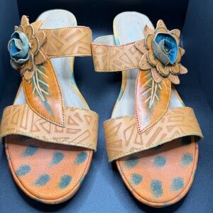 Tan Leather Floral Appliqué Slide Sandals with Teal Accents